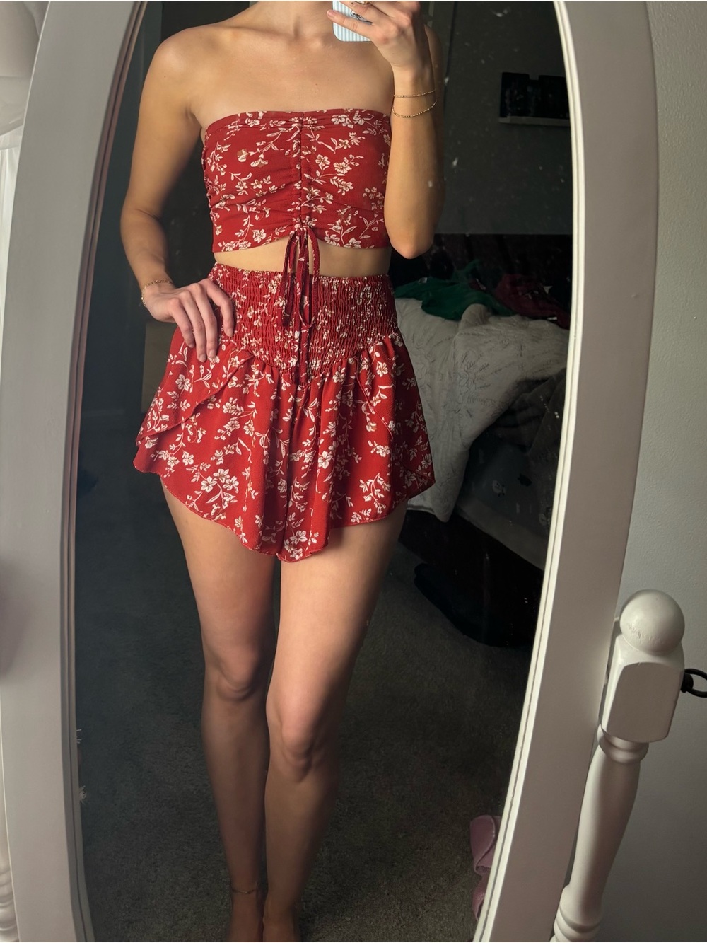 Red Floral Smocked Two-Piece Set